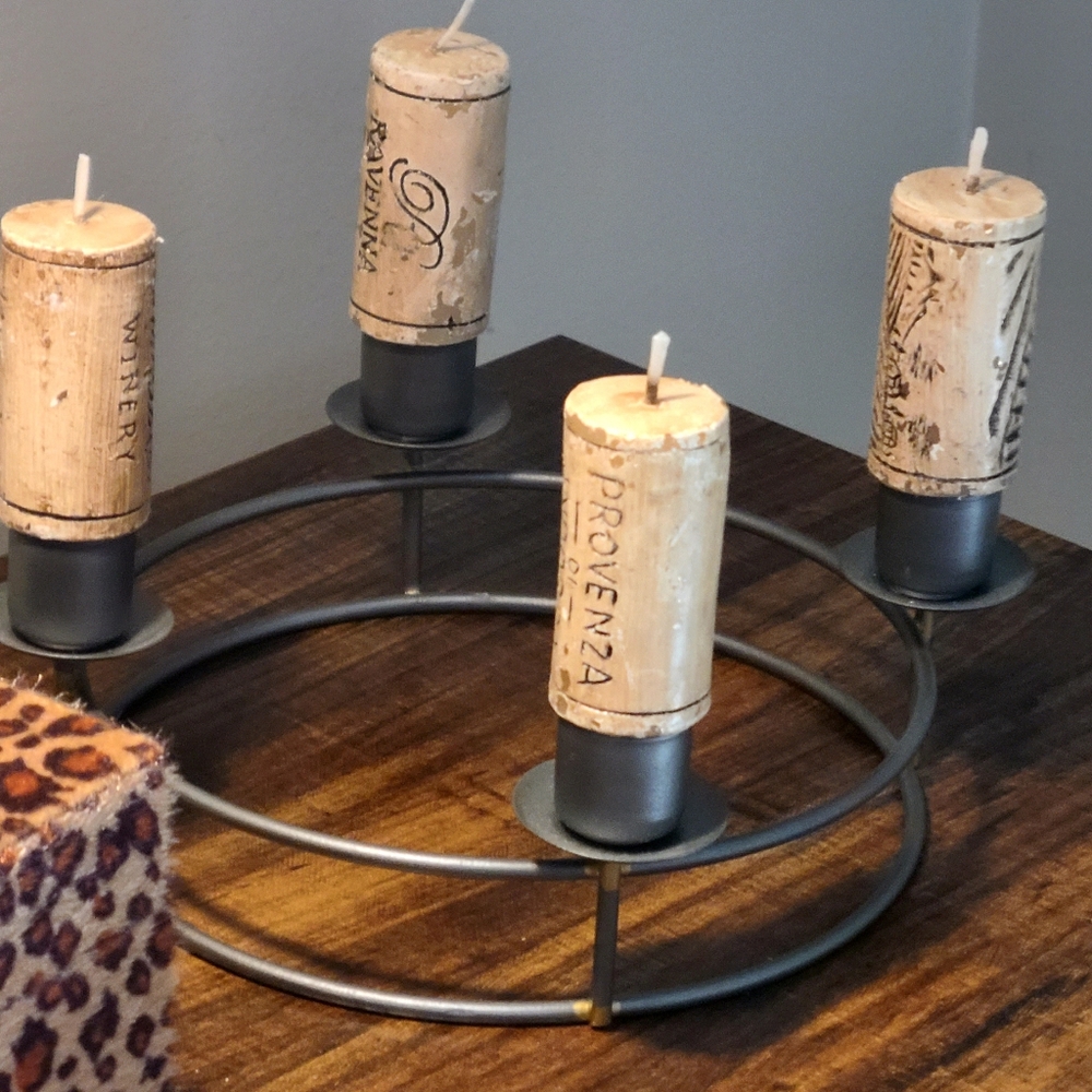 Candelabra with wine cork candles